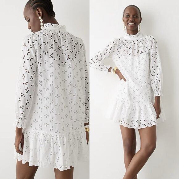JCrew White Cotton Scalloped Eyelet Ruffleneck Mini Dress XL - Picture 1 of 5